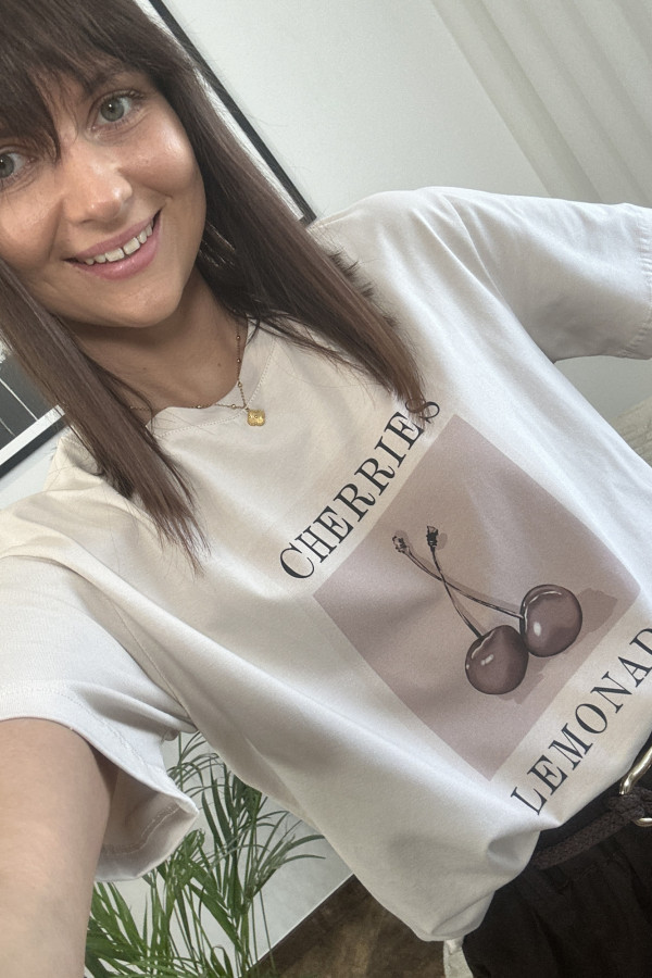 T-SHIRT BAWEŁNIANY CHERRIES BEŻOWY