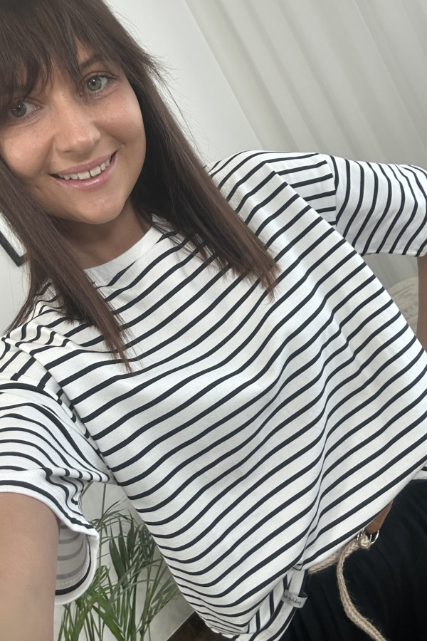 T-SHIRT BAWEŁNIANY BIAŁY CZARNE PASKI