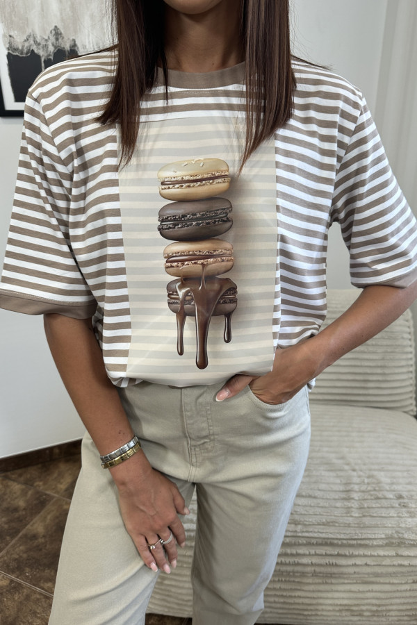 T-SHIRT MAKARONIKI BEŻOWO BIAŁE PASKI
