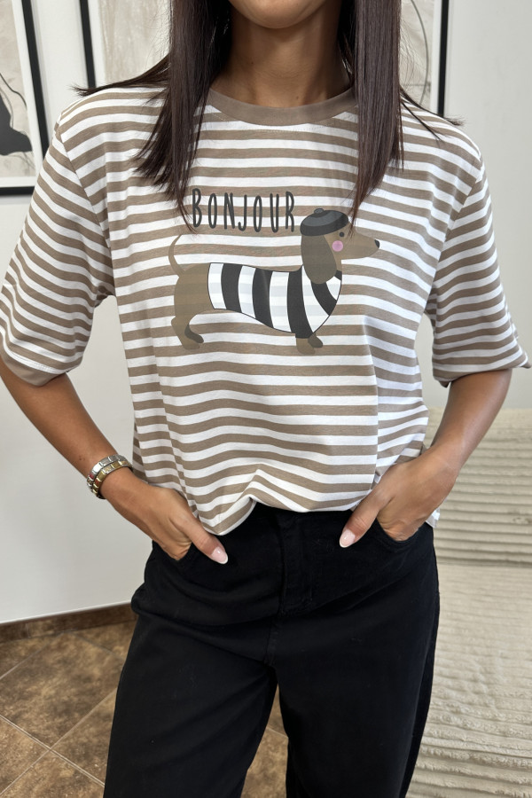 T-SHIRT BONJOUR BEŻOWO-BIAŁE PASKI