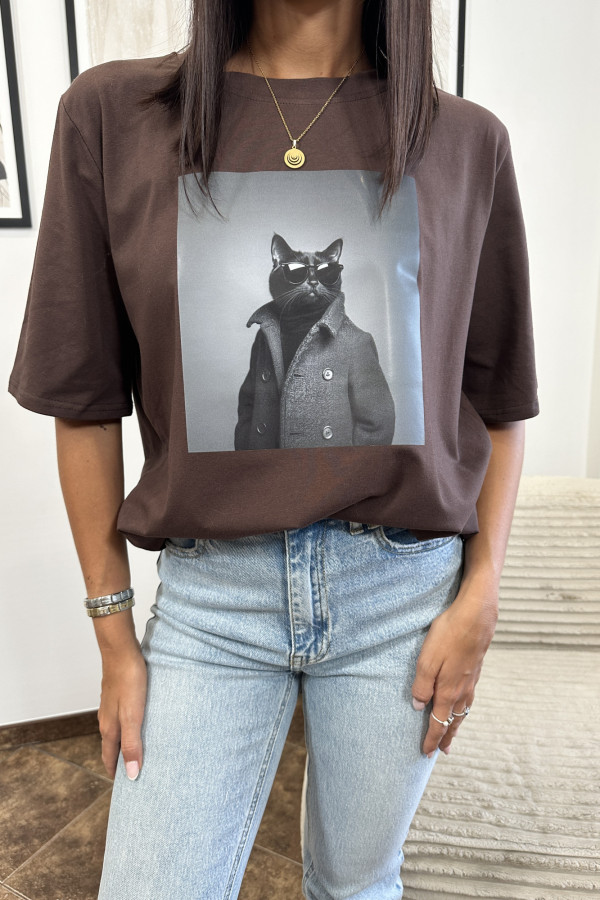 T-SHIRT CAT BRĄZOWY