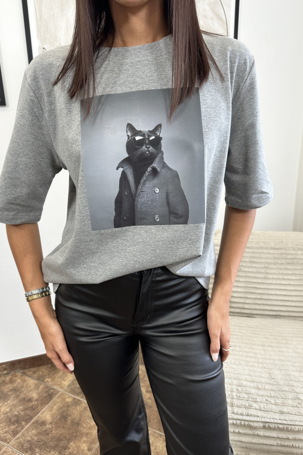 T-SHIRT CAT SZARY