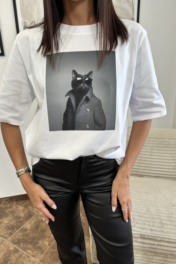 T-SHIRT CAT BIAŁY