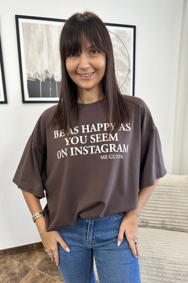 T-SHIRT BRĄZOWY NAPIS BIAŁY